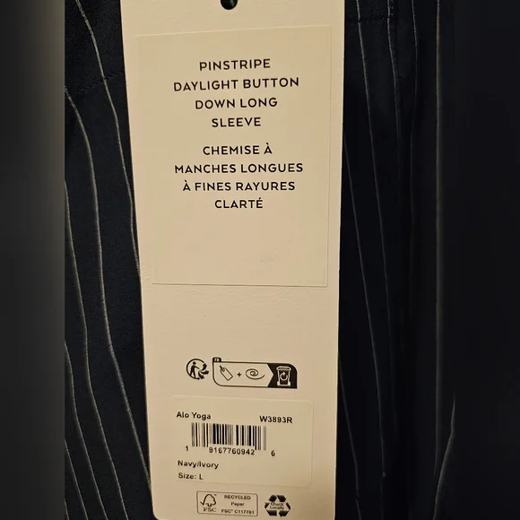 Alo Pinstripe Daylight  Button Down Longsleeve Shirt Blue Women's Size L NWT - Picture 3 of 10